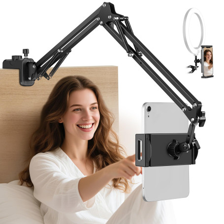 JOILCAN Support Tablette Lit, Bras Aluminium Stable Support pour Tablette pour iPad (4,7-12,9 Pouces), 360° Réglable Support de 