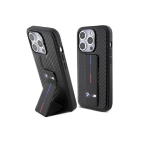 Coque CG MOBILE BMW pour iPhone 15 Pro - Noir avec Béquille et Design Carbone