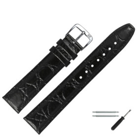 Bracelet de Montre en Cuir Imprimé Crocodile 18 mm Noir avec Boucle Argentée