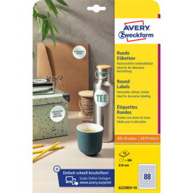 Lot de 10 Étiquettes Rondes Amovibles AVERY Zweckform - 880 Autocollants à Imprimer