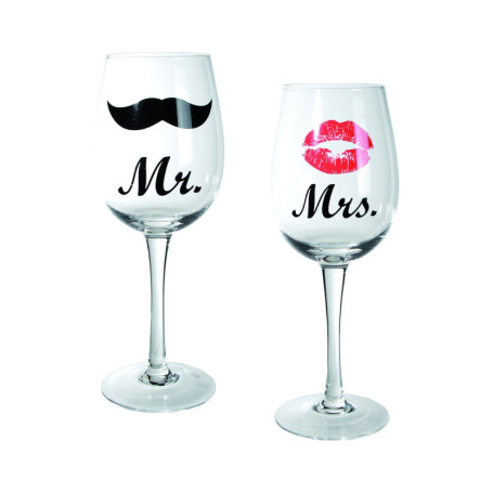 Verres à Vin Mr & Mrs - Set de 2 avec Décor Bise et Moustache