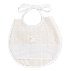 Bavoir ovale en tissu doux avec pois 3D et dentelle - Beige