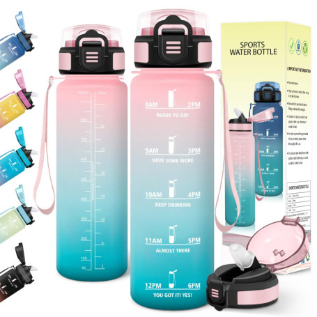 Gourde Sport Baramumu 1L avec Paille et Marqueur de Temps - Rose-Vert