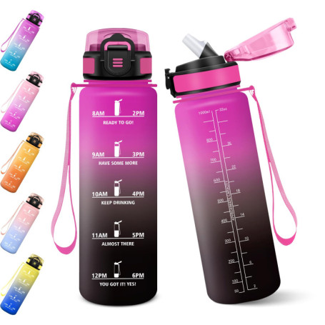 Gourde Baramumu 1000ML avec Paille et Marqueur de Temps - Pourpre Rougeâtre et Noir