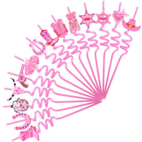 Lot de 14 Pailles Roses Pliables avec Motifs Cow-boy pour Fête