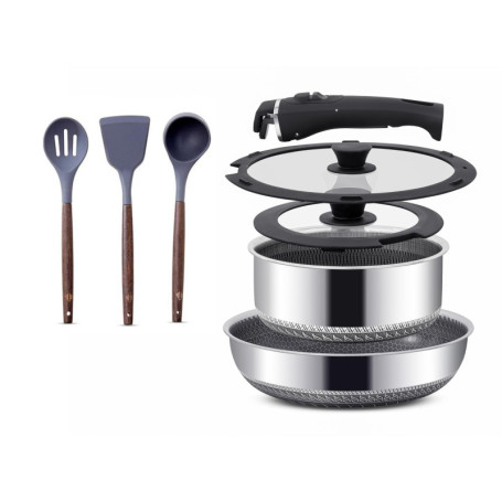 Ensemble de Poêles et Casseroles Inox Premium - 28 cm et 20 cm avec Couvercles Amovibles
