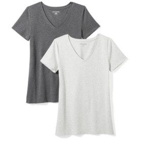 Lot de 2 T-Shirts Femme Col en V Amazon Essentials - Charbon Chiné et Gris Clair