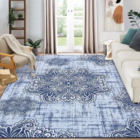Tapis Lavable Antidérapant Bleu Fleurs Orientales 80x150cm