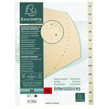 Intercalaires en Carte Ivoire A4 avec Onglets Mensuels - Carton de 10