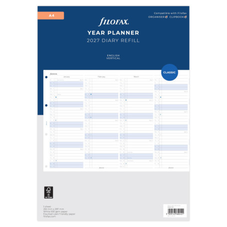 Agenda Annuel Vertical Filofax A4 2027 - Recharge Planificateur