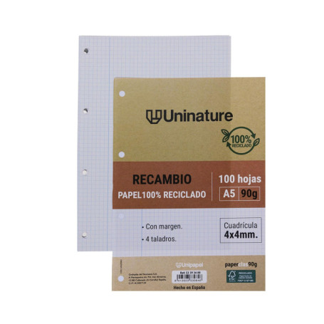 Recharge de Papier Recyclé A5 - 100 Feuilles Quadrillées avec Marge