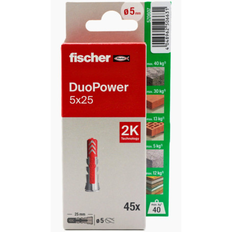 Chevilles murales Duopower fischer 5 x 25 mm - Fixation polyvalente pour vélos et meubles