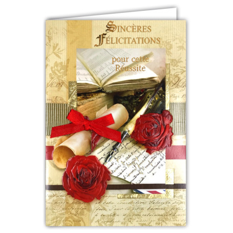 Carte de Félicitations Diplôme avec Nœud Rouge et Fleurs Roses