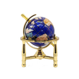 Globe Terrestre Miniature en Pierre Précieuse Bahama Bleu avec Support en Or