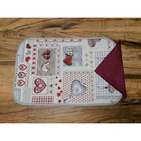Set de Table Matelassé avec Serviette Cœurs Rouges en Coton