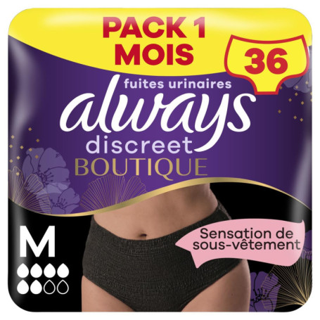 Culottes Always Discreet pour Fuites Urinaires - Taille M, Couleur Noire, Pack de 36