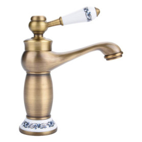 Robinet Mitigeur Antique en Laiton avec Poignée Unique et Motif Floral pour Évier