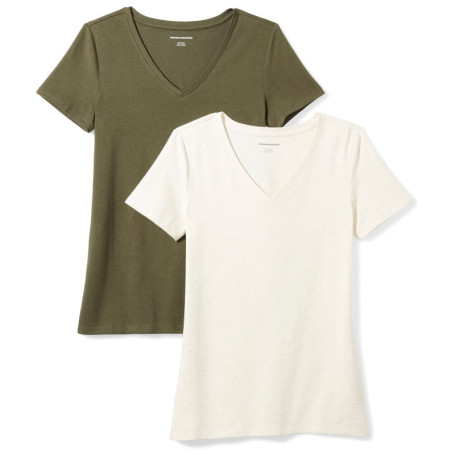 Lot de 2 T-Shirts Col en V Femme - Vert Olive et Avoine Chiné