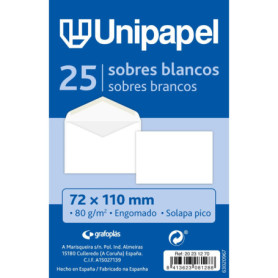 Lot de 25 petites enveloppes blanches Unipapel avec fermeture gommée - 72 x 110 mm