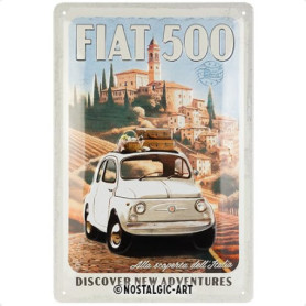 Plaque Rétro Fiat 500 - Discover New Adventures en Métal 20x30 cm
