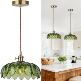 Suspension Vintage en Verre Vert avec Abat-jour Floral pour Éclairage Intérieur