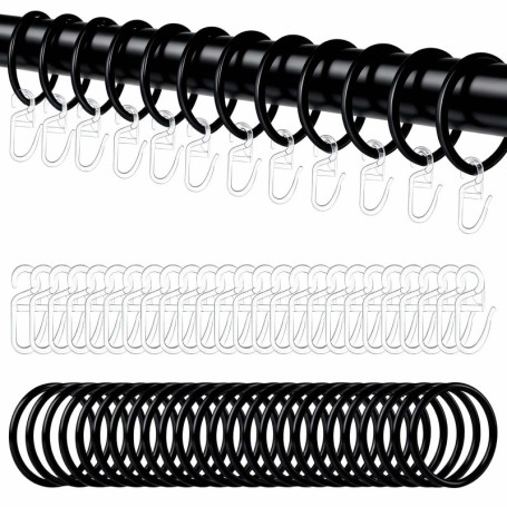 Ensemble de 48 Anneaux et Crochets de Rideau en Métal Noir - 30mm
