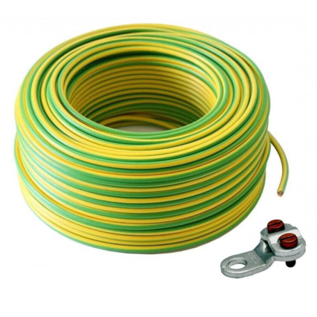Câble de Terre Flexible H07V-K 10 mm² en PVC Vert et Jaune - 50m avec Cosses