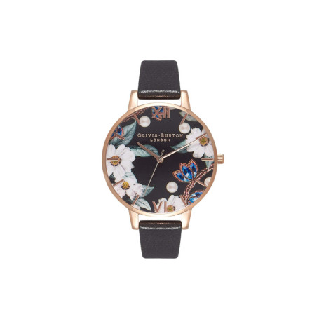 Montre Olivia Burton Bejewelled Florals Femme - Cuir Noir et Cadran Scintillant