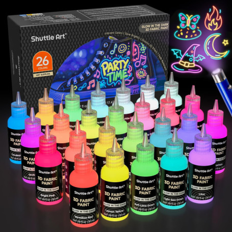 Peinture Textile Fluorescente Shuttle Art - 26 Couleurs avec Lampe UV et Pinceaux