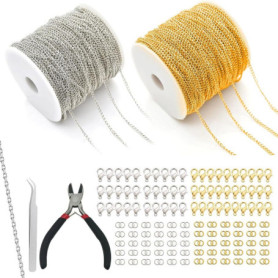 Kit Création Bijoux DIY - 2 Volumes de Chaînes en Acier Inoxydable 10m Or et Argent avec Outils