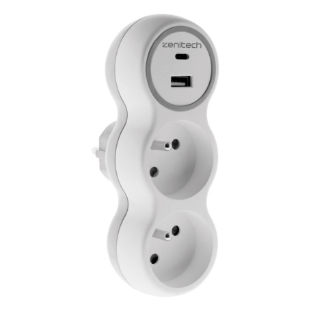 Prise Zenitech Bolea 2x16A avec 2 Ports USB A/C - Blanc et Gris