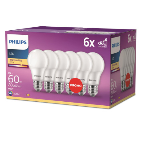Pack de 6 Ampoules LED Philips E27 60W Blanc Chaud - Économie d'Énergie