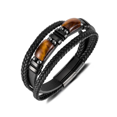 Bracelet Tressé en Cuir pour Homme avec Pierre Œil de Tigre