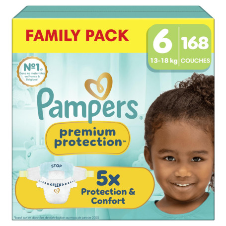 Couches Pampers Premium Protection Taille 6 - 168 Unités pour Bébé
