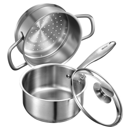 Casserole en Acier Inoxydable 1,4 L avec Panier Vapeur et Couvercle en Verre - VEVOR