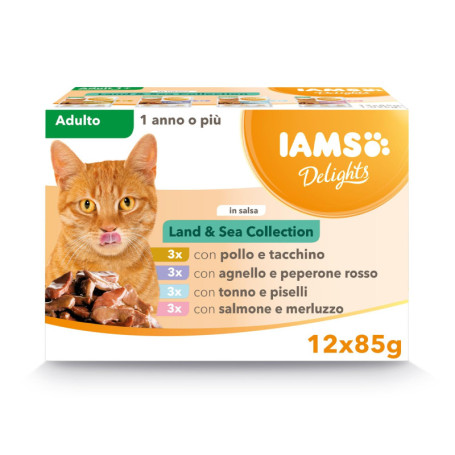 IAMS Delights Nourriture Humide pour Chat Adulte - Saveurs Terre & Mer, 12 Sachets