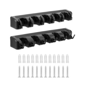 Support Mural QWORK pour Balais et Vadrouilles - 2 Pièces avec 5 Supports et 6 Crochets, Noir