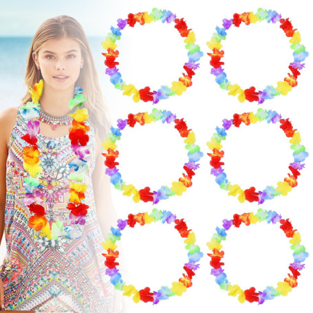 Lot de 6 Chaînes de Fleurs Hawaïennes - Accessoires Festifs Colorés