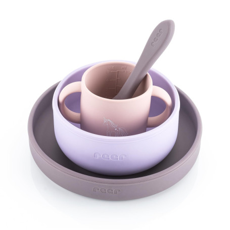 Set de Vaisselle en Silicone Reer - 4 Pièces pour Enfants - Assiette, Bol, Gobelet et Cuillère