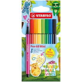 STABILO Pen 68 Mini - Set de 8 Feutres Colorés Animal Vibes avec Sticker