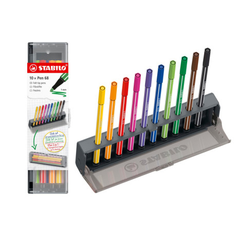 STABILO Pen 68 - Set de 10 Feutres de Dessin Multicolores avec Étui Click Box