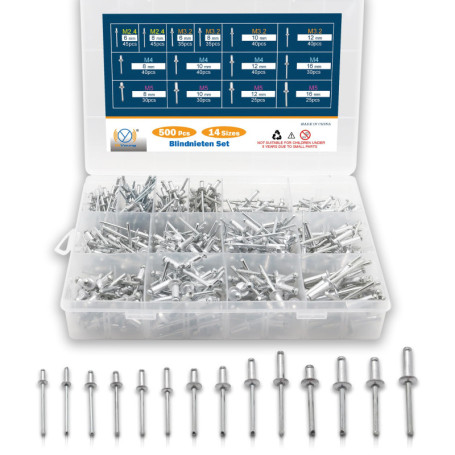 Kit de 500 Rivets Aveugles en Aluminium - Assortiment de 14 Tailles pour Métal, Bois et Plastique