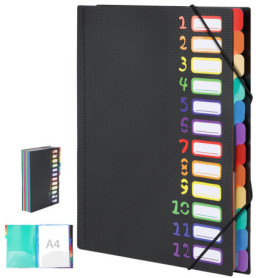 Trieur Document A4 12 Compartiments avec Ouverture Plate - Organiseur Noir