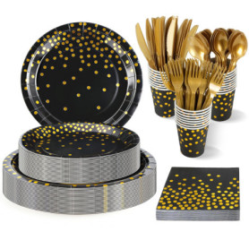 Service de Vaisselle Noir et Or pour 24 Invités - Lot de 168 Assiettes et Accessoires de Fête