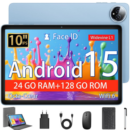 Tablette 10 Pouces, Tablette Android 15 avec Étui, Souris & Clavier, Octa-Core, 24 Go RAM + 128 Go ROM + 1 TO TF, Écran IPS HD 1