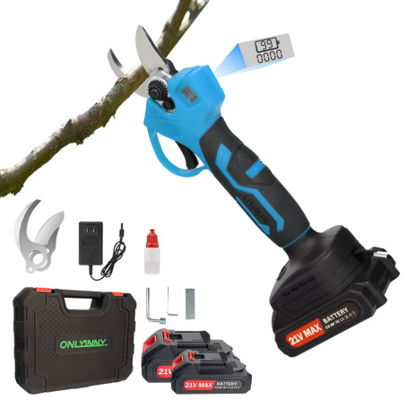 Sécateur électrique 21 V, sécateur électrique sans balais amélioré de 600 W avec 2 batteries 2,0 Ah, 2 lames, chargeur rapide