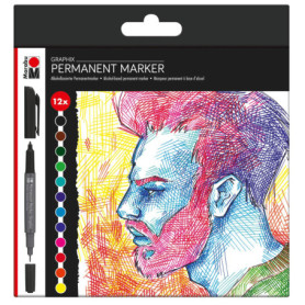 Marabu Graphix Lot de 12 Marqueurs Permanents à Pointe Double - Couleurs Brillantes et Séchage Rapide