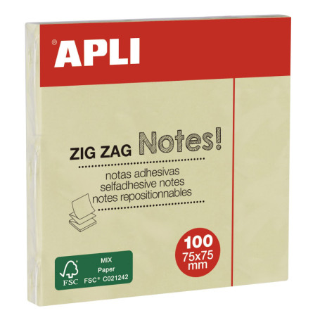Notes Adhésives Zig Zag Jaunes - Bloc de 100 Feuilles 75x75mm