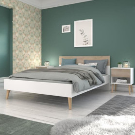 Lit adulte AALBORG 160x200 cm en Blanc et Chêne - Design Scandinave