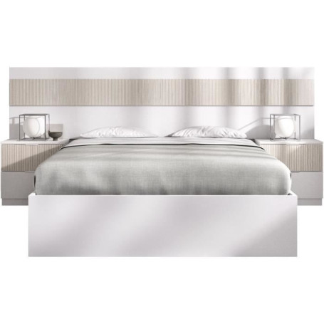 Lit adulte design avec chevets intégrés - 160 x 200 cm - Blanc et Bois